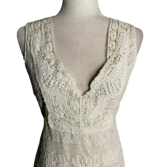 Hale Bob Crochet Lace Silk Dress S White Sleeveless V Neck Lined Knee Length - Picture 2 of 6